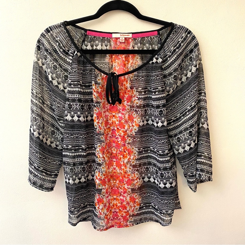 Hollywould sheer multi print boho blouse size medium